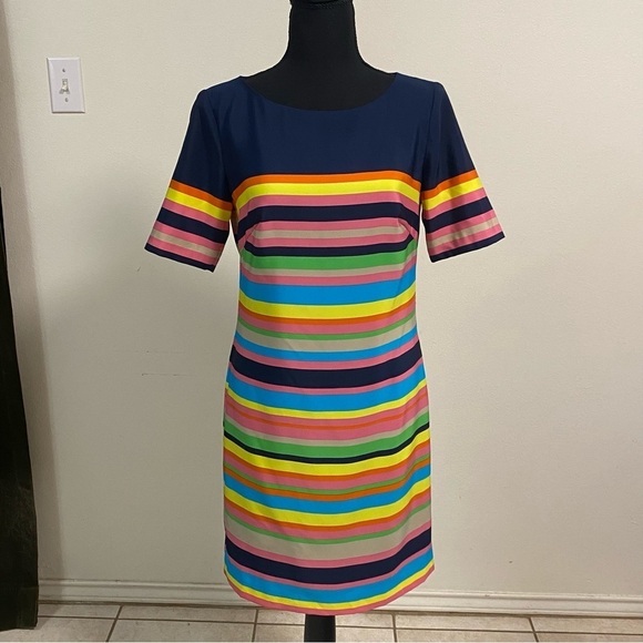 Trina Turk Dress Women’s Size 2 Navy & Multi Color stripe shift dress - Picture 1 of 16